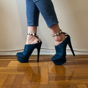 London Trash Wynne Blue and Zebra Print Mule High Heel Platform Ankle Strap 11us